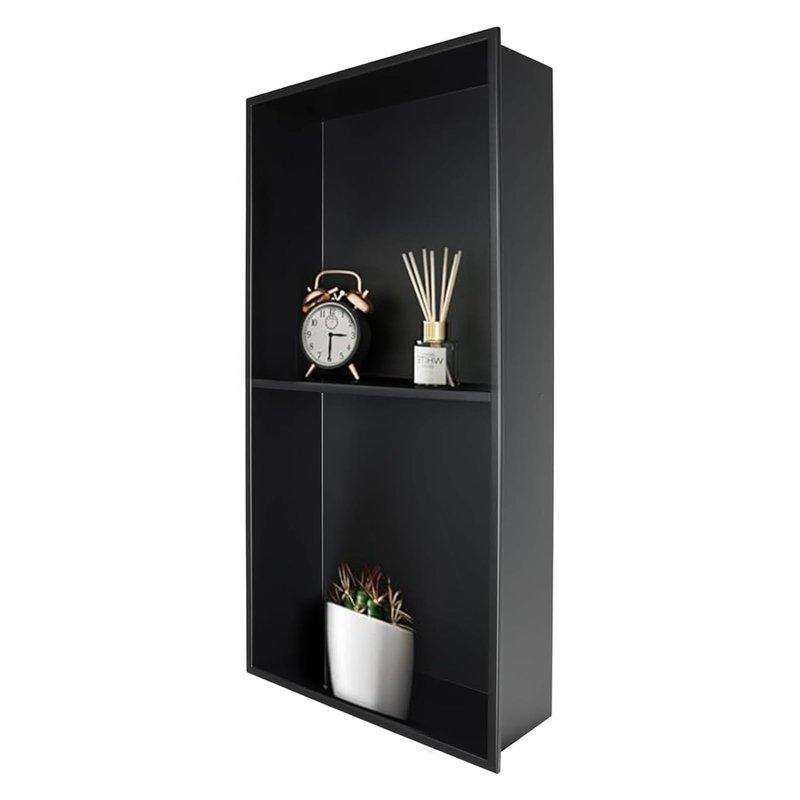 BWE Bathroom Wall Niche,12" X 24" X 4" Stainless Steel Shower Niche,Rimless Recessed Shower Shelf for Bathroom,Double Shelves Niche,No Tile Needed Matte Black