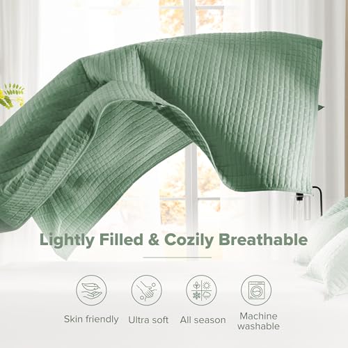 Queen Oversized Bedspread Quilt Set - Soft Sage Green Coverlet