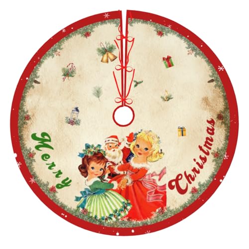 48-Inch Vintage Red Christmas Tree Skirt - Santa & Snowflake Mat