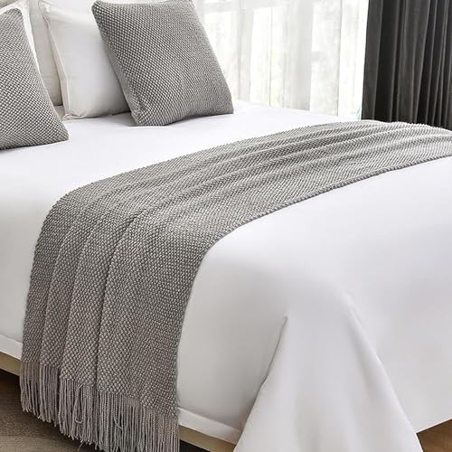 Boho Knit Bed Runner with Tassels - Soft Woven Bed Scarf Throw Blanket