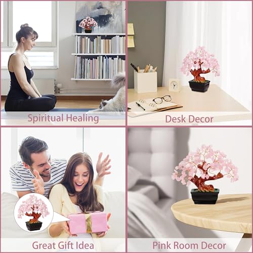 Pink Cherry Blossom Bonsai Tree Decor | Artificial Rose Quartz Tree for Feng Shui | Home & Office Accent