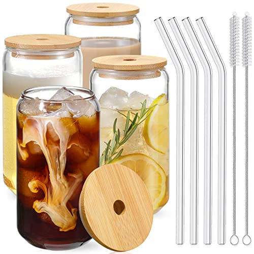 16 oz Glass Cups with Bamboo Lids and Straws - 4 Piece Iced Coffee Glass Set