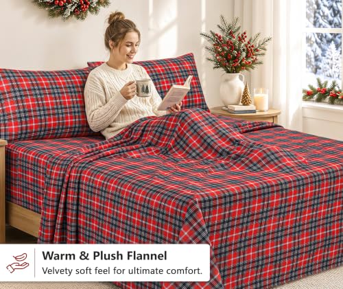 RUVANTI 100% Cotton Flannel Sheets Set Queen 4 PCs Red Plaid