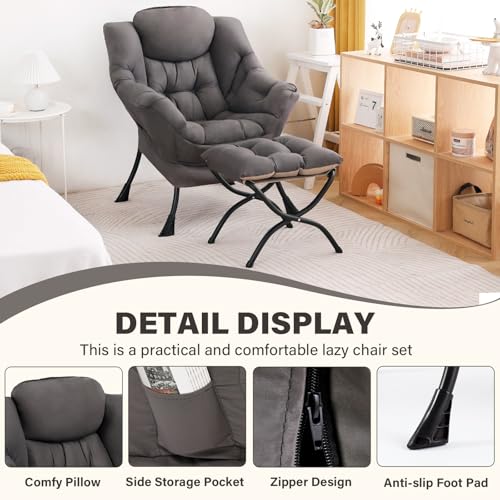 Modern Ergonomic Lounge Chair with Ottoman, Foldable Accent Reading Chair