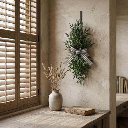 26-Inch Lighted Olive Leaf Swag with Timer and Striped Bow