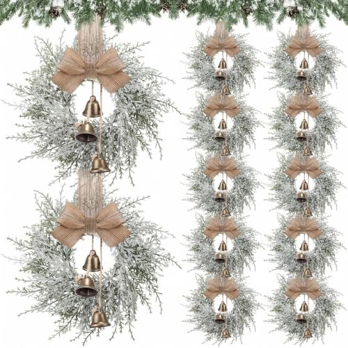 Civaner 12 Pcs 10-Inch Mini Christmas Wreaths with Bells & Ribbons - Holiday Decor
