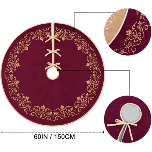 Scritism Burgundy 60 Inch Velvet Christmas Tree Skirt with Damask Baroque Embroidery