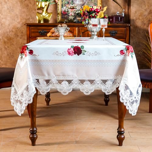 SUTAVIA Off-White 60 x 120 in Lace Embroidered Tablecloth, Rectangular Waterproof Polyester