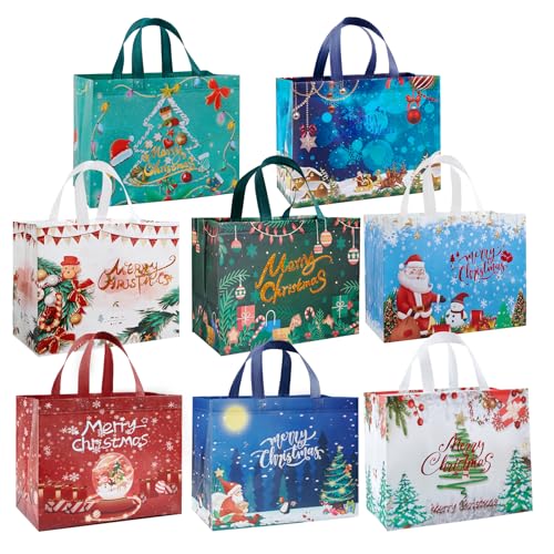 YANGTE 8 Pack Christmas Gift Bags with Handles - Large Holiday Tote Bags for Xmas Party Favors