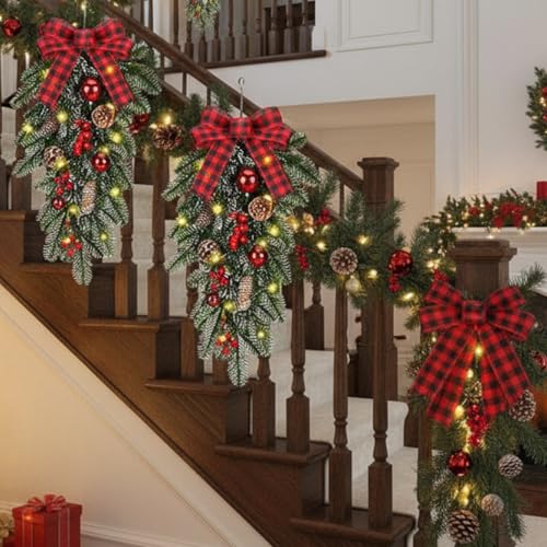 3 Pcs 24-Inch Lighted Christmas Teardrop Swags with Pine Cones & Berries
