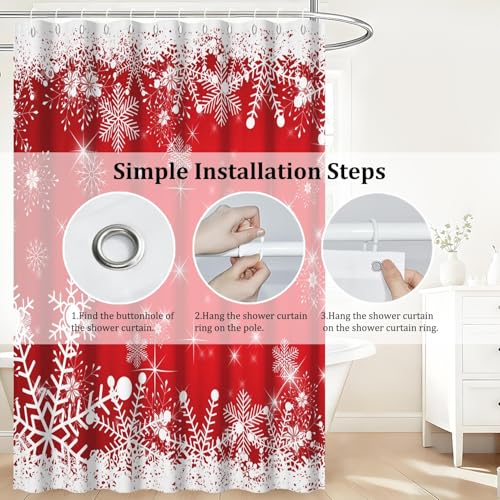 Christmas Shower Curtain Red and White Snowflakes Winter Wonderland