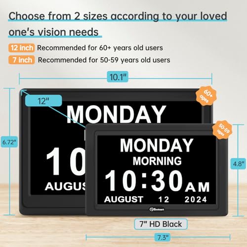 7 Inch HD Digital Day Calendar Clock for Seniors Elderly with 20 Alarms