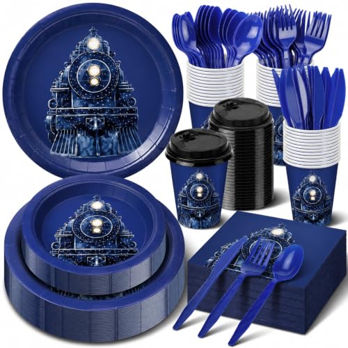 Blushtier 50-Piece Polar Christmas Party Tableware Set — Train Variation, Blue Holiday Dinnerware for 50 Guests