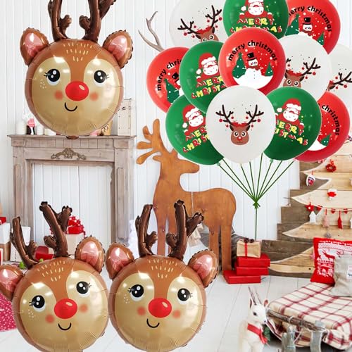 HADCKJA Reindeer Balloons - 15Pcs Christmas Balloon Kit (3 large reindeer foil + 12 assorted latex)