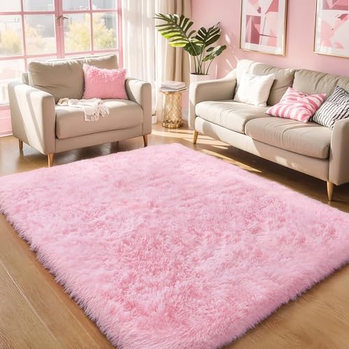 Pink Fluffy 4x6 Area Rug - Soft Washable Shaggy Carpet for Bedroom & Nursery