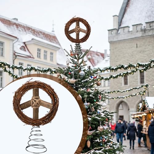 Soulchen 6-Inch Peace Sign Christmas Tree Topper – Brown Rustic Rattan
