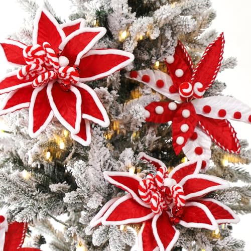 Daifunli 6 Pcs Large Christmas Candy Cane Poinsettia Tree Picks with Berries – Red & White, 10.6 Inches Holiday Ornaments for Xmas Decor