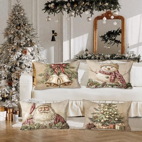 Lanpn 12x20 Christmas Throw Pillow Covers Set of 4, Santa Tree