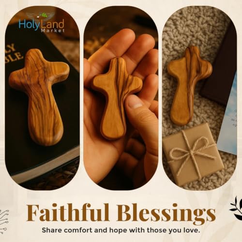 Olive Wood Pocket Cross 2.5 Inch - Small Handcrafted Comfort Cross (Pack of 3)
