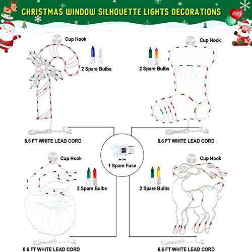 Yioneshop Style2 4-Pack 16-Inch Christmas Window Silhouette LED Lights with Candy Cane Santa Reindeer & Stocking, Indoor Holiday Decor