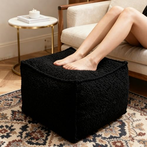 Square Boucle Pouf Ottoman, Soft Foam-Filled Footrest for Living Room