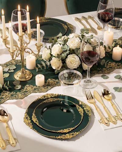 Morejoy Green Gold 175PCS Plastic Dinnerware Set - 25 Plates, 25 Dessert Plates, 25 Cups & 25 Utensils (Green & Gold)