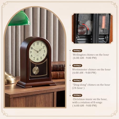 Tondiamo Wooden Mantel Clock with Chime & Silent Quartz Movement