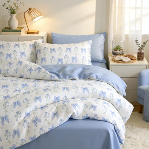 Full Size Cotton Duvet Cover Set - Blue Floral Bowknot Bedding