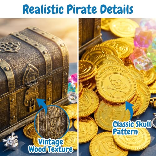 Pirate Treasure Chest Toy Set with Lock, Coins, Gems and Accessories
