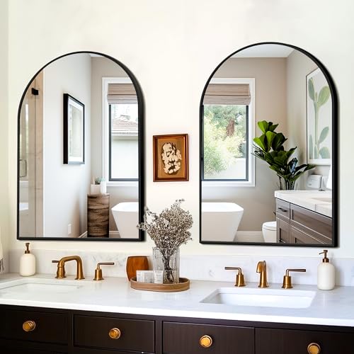 2-Pack 24x36 Arched Wall Mirror, Black Metal Frame Shatter-Proof Vanity Mirror
