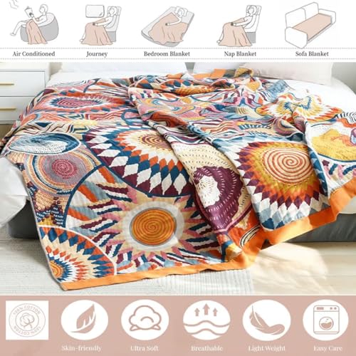 Boho Cotton Throw Blanket 50x60, Ultra Soft Woven Muslin Vintage Quilt