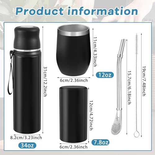 Suclain Black Complete Yerba Mate Kit with 12 oz Gourd and Bombilla, 34 oz Stainless Steel Thermos & Tea Can