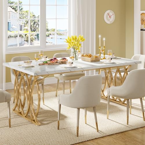 63-Inch Modern Rectangular Dining Table, White Faux Marble and Gold Legs