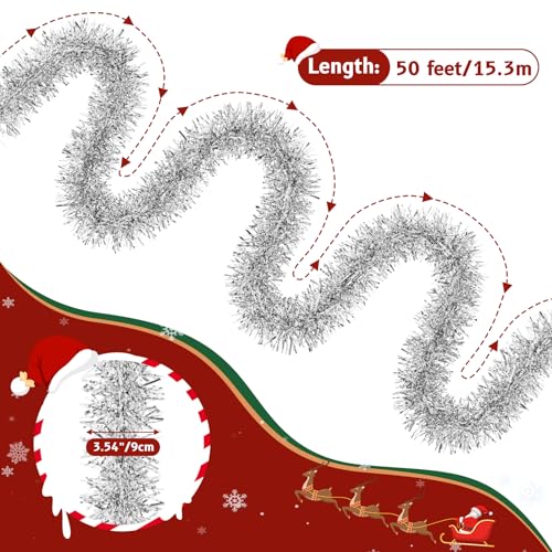 TranquilBliss Silver Christmas Tree Garland - 50 ft Tinsel Garland, Flexible & Reusable (Silver / 1)