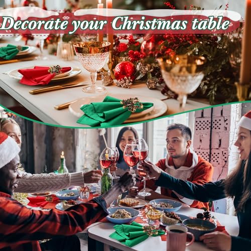 Retro Style Christmas Napkins and Rings Set - 16 Pcs Polyester Holiday Table Decor