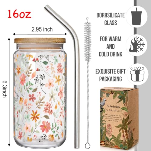 Enanaimg 16oz Floral Glass Coffee Cup with Bamboo Lid & Straw - Gift for Women
