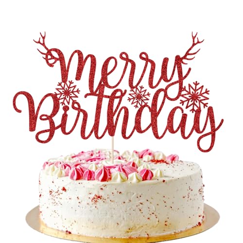 Red Merry Birthday Cake Topper Glitter Decor - AROKIPPRY Xmas Theme