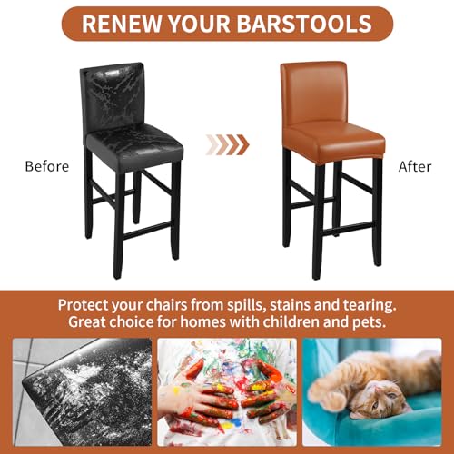 Waterproof PU Bar Stool Covers - Stretch Slipcovers (4 Pack, Light Brown)