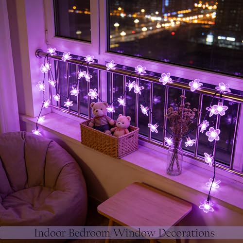 33ft Purple Flower String Lights with Black Wire, 100 LED, IP44 Outdoor Decor