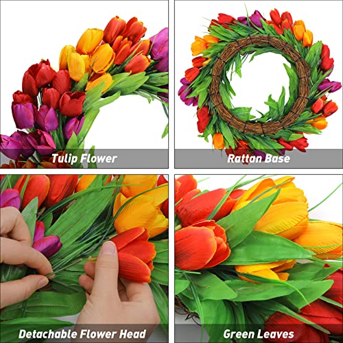 20-Inch Artificial Tulip Wreath for Front Door, Silk Spring Flower Decor