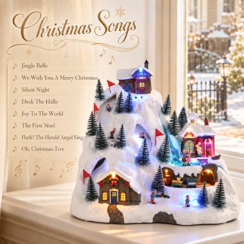 VCUTEKA Alpine Village Christmas Village Scene with Rotating Train & Skaters - Holiday Decor