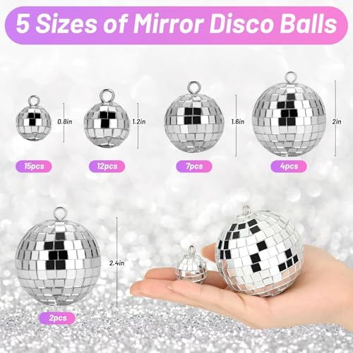 40 Pcs Mini Disco Ball Ornaments, 5 Sizes Silver Mirror Party Decorations