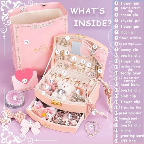 Pink Princess Jewelry Box for Girls with Mirror and Hair Accessories Set
