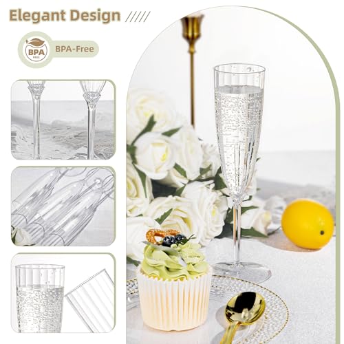 QualQuot 18 Pack Clear Plastic Champagne Flutes 5 oz for Weddings & Parties