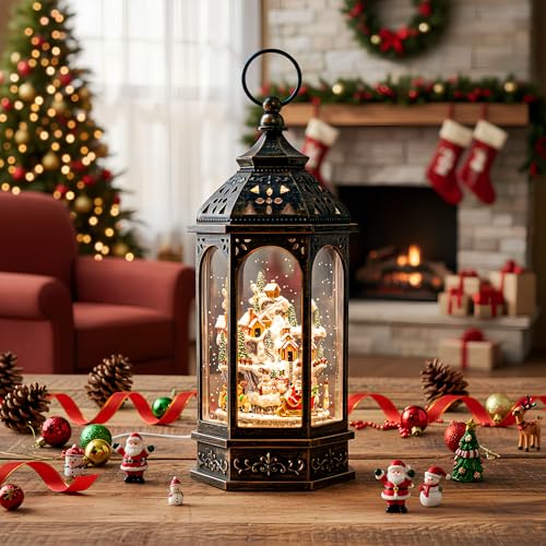 Qualdout Animated Christmas Village with Moving Figurines Lighted Water Lantern, USB & Battery Operated Snow Globe - Holiday Decor & Gifts