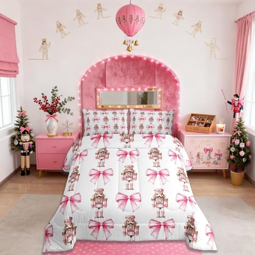 Pink White Twin Bedding Set with Christmas Nutcracker & Bowknot - All Season Girls Bedroom Decor