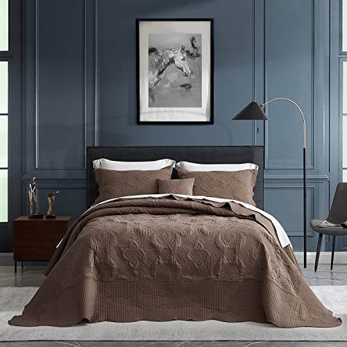 HZ & HY Oversized King Bedspread Set - 5-Piece Damask Quilt, Mocha