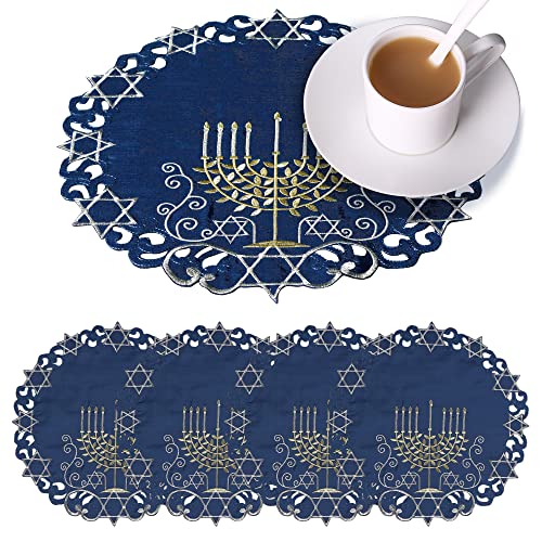 OWENIE Blue Round Hanukkah Placemats Set of 4, 15" Embroidered Menorah Holiday Table Decor