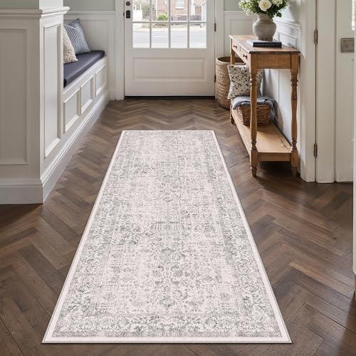Vintage Floral Runner Rug 2x6, Washable Non-Slip Neutral Farmhouse Carpet