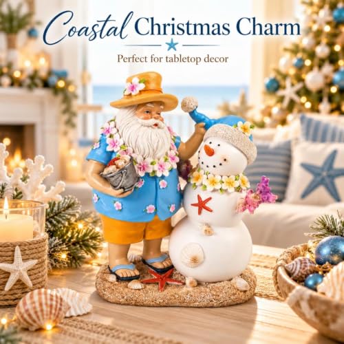 Coastal Hawaiian Santa & Snowman Figurine - 9.4in Beach Christmas Table Decor, Colorful